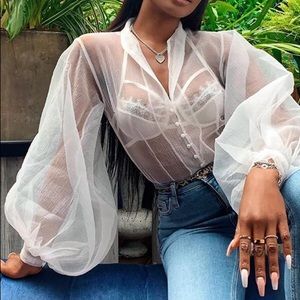 Sheer White Lantern Sleeve Blouse